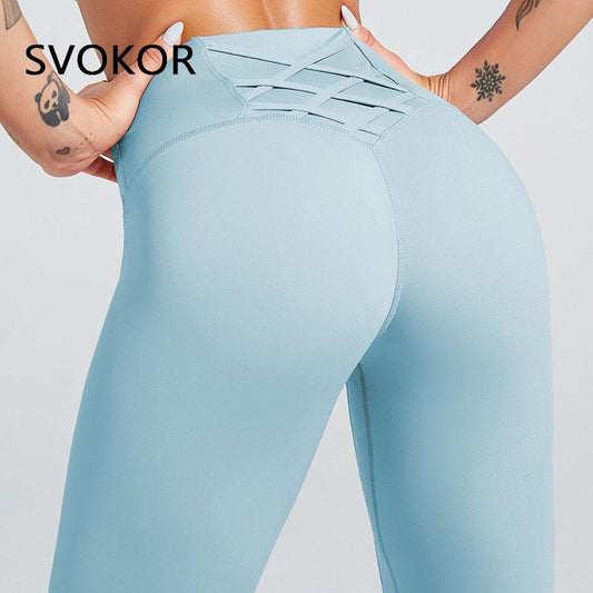 SVOKOR High waist Cross Leggings Women Solid Fitness Workout Pants Slim Fit Sport Push Up Leggings - Yallafit 0