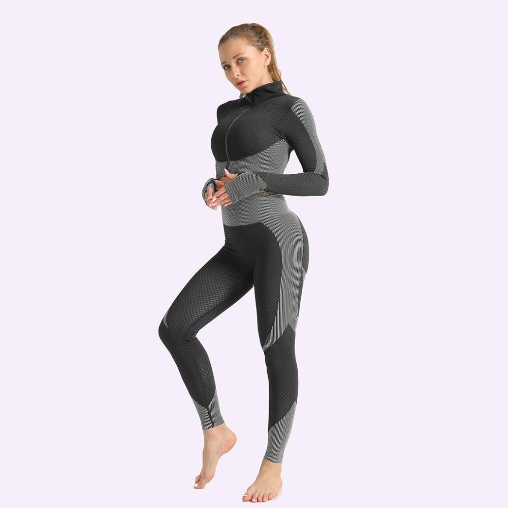 Women Seamless Gym Set Fitness Sports Suits GYM Cloth Fitness Long Sleeve Shirts High Waist Running Leggings Workout Clothing - Yallafit 0