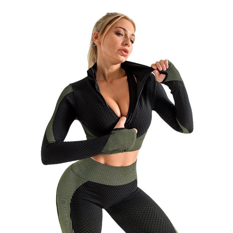 Women Sports Bras Crop Tops High Waist 2Pcs Yoga Sets Zipper Tracksuits Outfits Sportswear Jogging Suit Sweatpants Sport Jogger - Yallafit