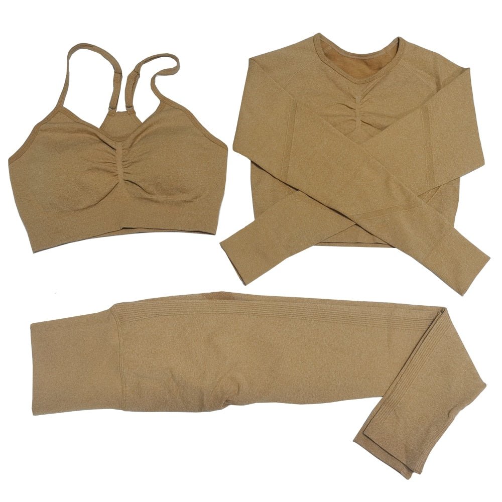 Women Sportswear Yoga Set Seamless Leggings Long Sleeve Crop Top Sports Bra Gym Clothing Fitness Workout Running Sports Suit - Yallafit