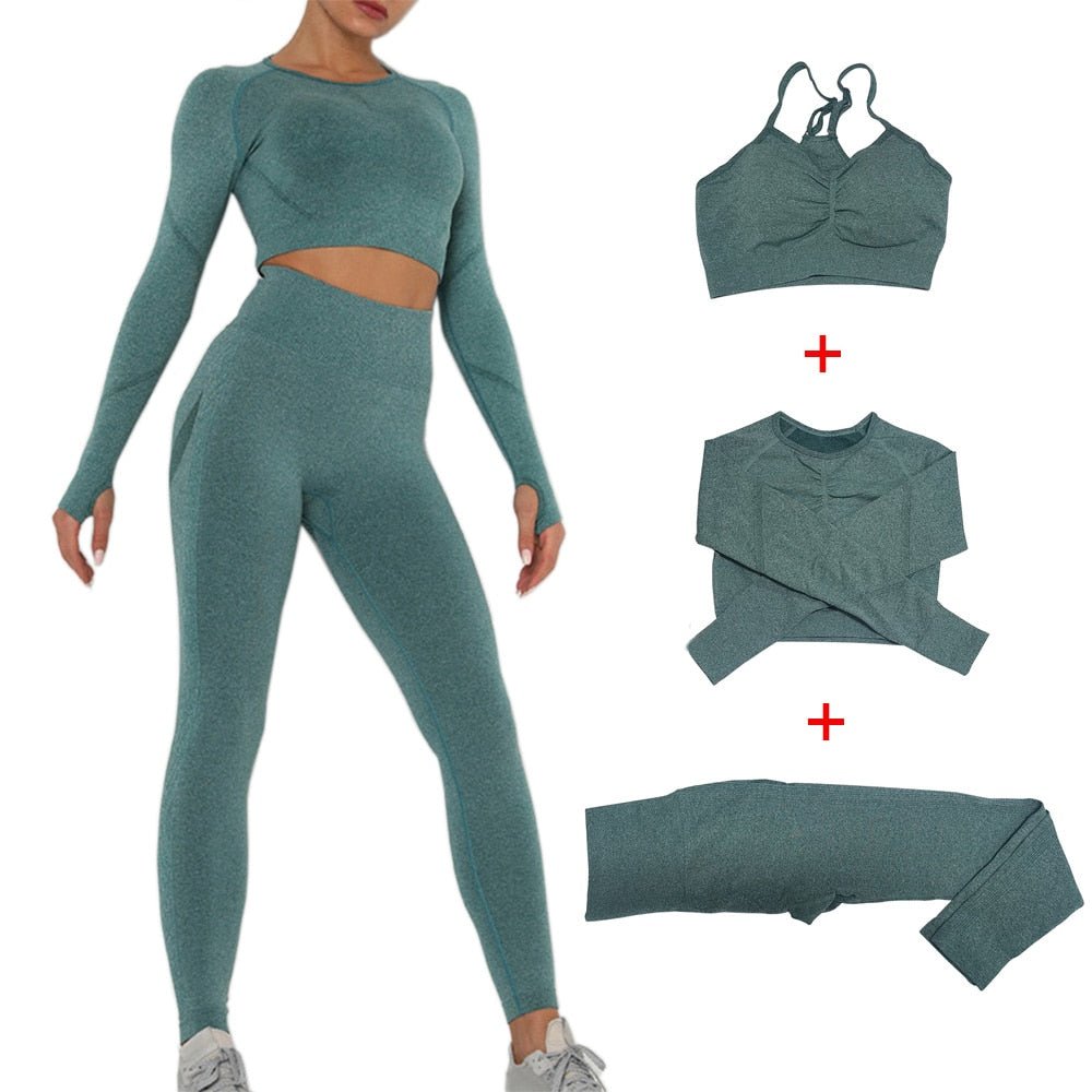 Women Sportswear Yoga Set Seamless Leggings Long Sleeve Crop Top Sports Bra Gym Clothing Fitness Workout Running Sports Suit - Yallafit