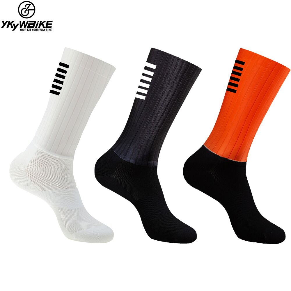 YKYWBIKE Anti Slip Silicone Aero Socks Whiteline Cycling Socks Men Bicycle Sport Running Bike Socks - Yallafit 0