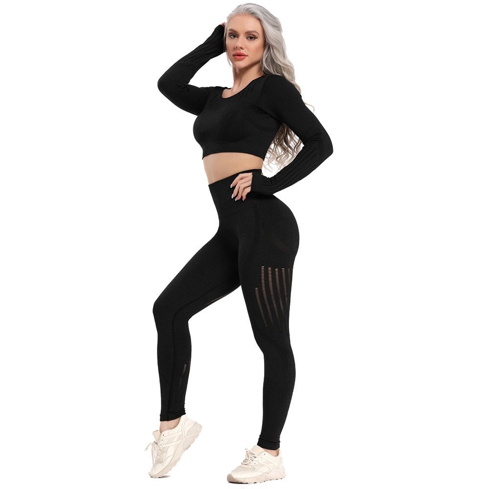 Yoga Set Seamless Sportswear Gym Sports Suits Woman Fitness High Waist Leggings Push Up Leggins Long Sleeve Workout Tops - Yallafit 0