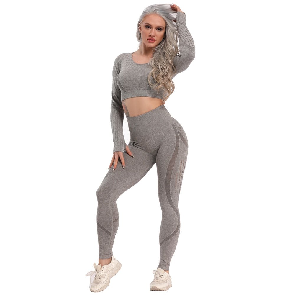 Yoga Set Seamless Sportswear Gym Sports Suits Woman Fitness High Waist Leggings Push Up Leggins Long Sleeve Workout Tops - Yallafit 0