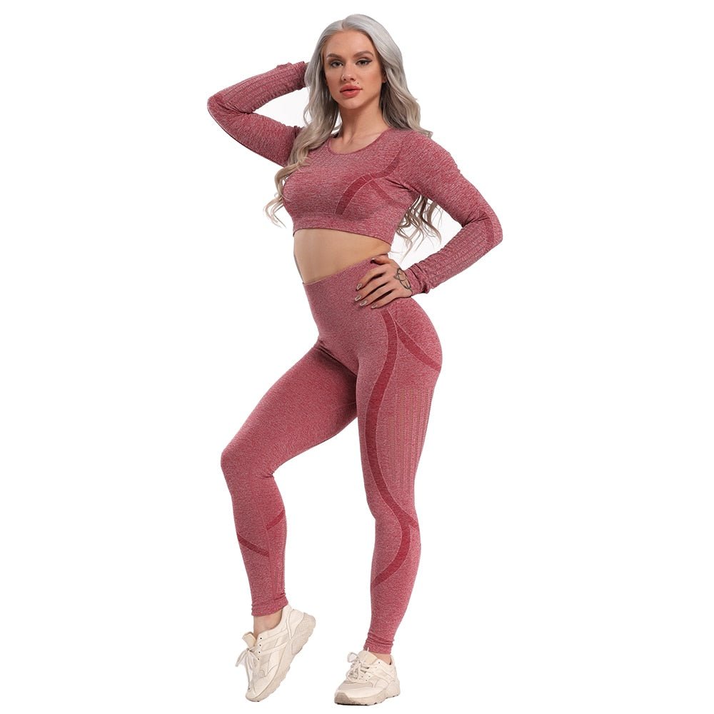 Yoga Set Seamless Sportswear Gym Sports Suits Woman Fitness High Waist Leggings Push Up Leggins Long Sleeve Workout Tops - Yallafit 0