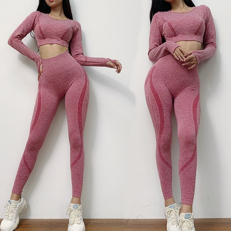 Yoga Set Seamless Sportswear Gym Sports Suits Woman Fitness High Waist Leggings Push Up Leggins Long Sleeve Workout Tops - Yallafit 0